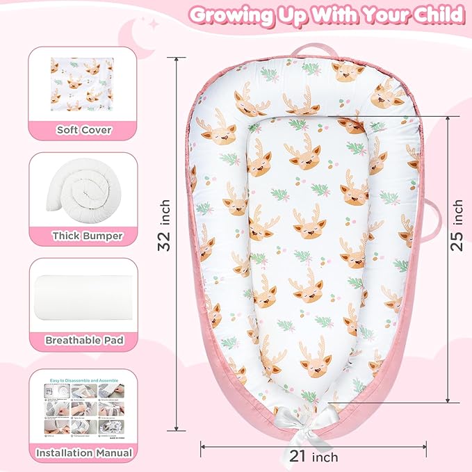 Baby Lounger - Baby Lounger for Newborn 0-24 Months, Breathable and Soft Cotton Cover Baby Nest, Portable Cozy Tummy Time Lounger for Home and Travel, Ideal Baby Essentials & Shower Gifts-CubbioJoy