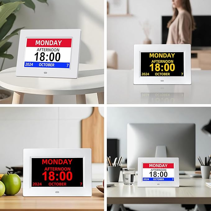 Digital Calendar Alarm Clock for Seniors - 7" Large Display with Day/Date, 12 Custom Alarms & Auto-Dimming | Medication Reminder, Dementia-Friendly Design, Easy Read (White)-CubbioJoy