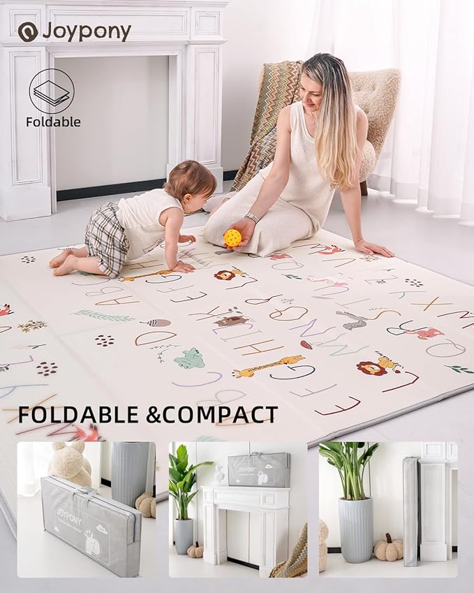 Baby Play Mat 59x71 Inch, 2 in 1 Fabric & XPE Dual-Sided Design Foldable Play Mats for Babies and Toddlers, Waterproof & Anti-Slip Baby Mat for Floor, Portable Baby Foam Crawling Mat with Travel Bag-CubbioJoy