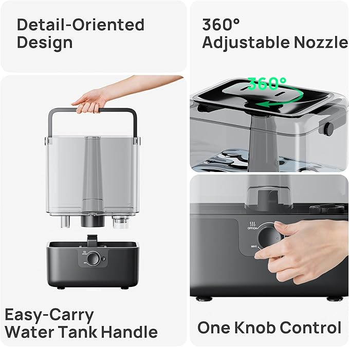 CHIVALZ 6L Humidifiers for Bedroom Large Room Home, Cool Mist Top Fill Humidifiers for Baby Nursery and Plants, 26dB Quiet, Nightlight, Up to 50 Hours, Oil Diffuser 1 Pack + 2 Mist Outlets Black-CubbioJoy