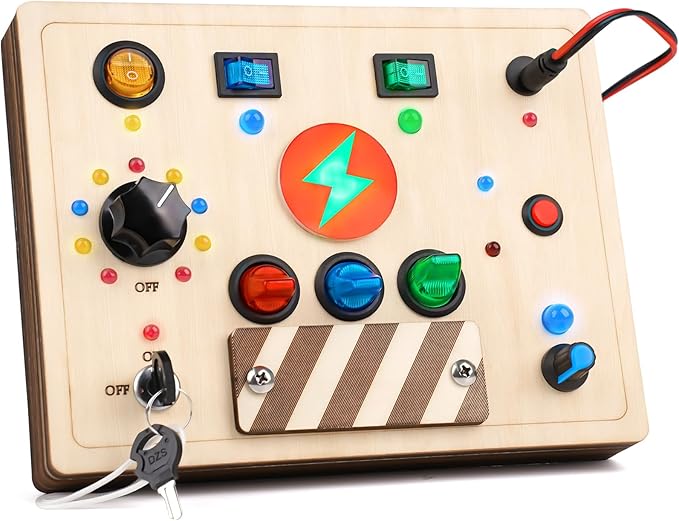 Joyreal Montessori Busy Board Wooden Sensory Toys for Toddler with LED Light Up Switch, Baby Fidget Board Travel Toys for 18+ Months, 1 2 3 Year Old Boys Girls Toddler Toy Gifts (Mixed Lights)-CubbioJoy