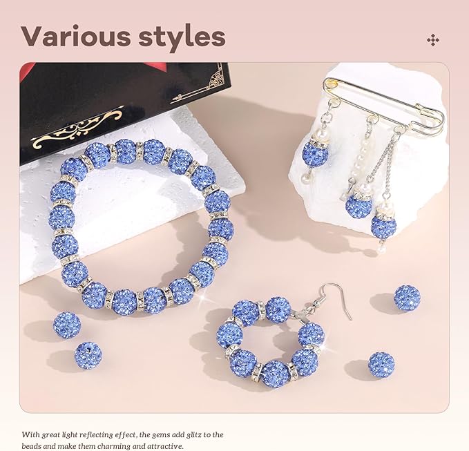 160pcs 10mm Rhinestone Beads for Jewelry Making, Light Blue Shiny Round Disco Ball Beads Bulk, Sparkle Crystal Clay Christmas for Bracelet Baseball Necklace Earring Crafting and DIY-CubbioJoy