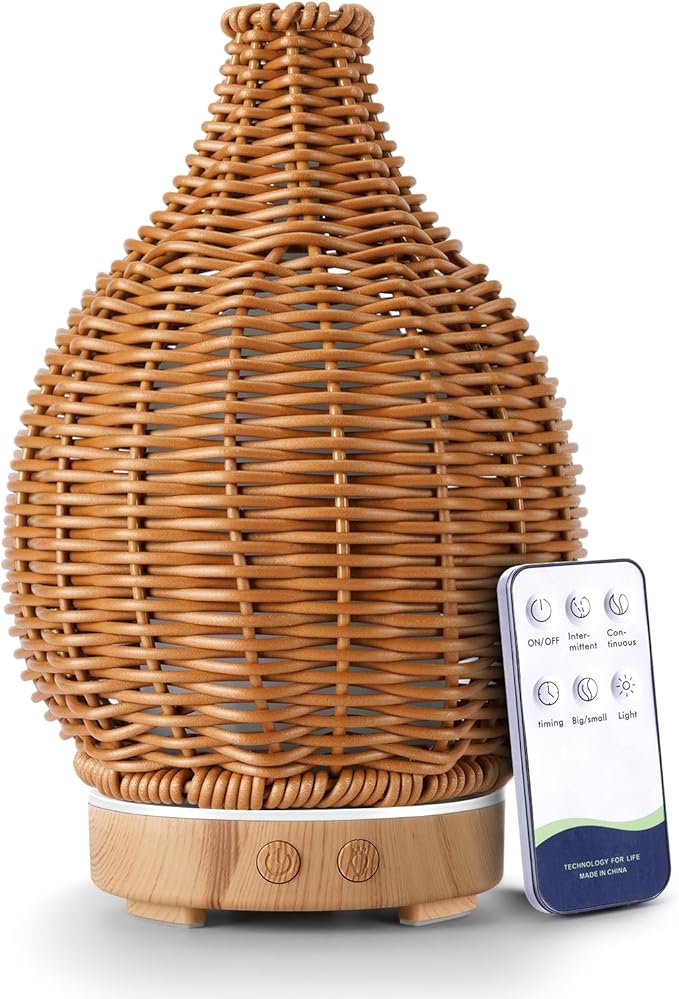 Boho Essential Oil Diffuser for Home Rattan Weaving with Remote Control, 100mL 7 Changing Color Lights Ultrasonic Aroma Humidifier, Noiseless Auto-Off Sleep Mode for Bedroom Office Workout-CubbioJoy