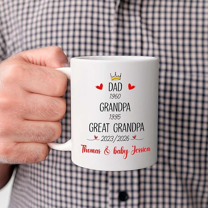 Dad Grandpa Great Grandpa EST 2026 Coffee Mug 11 15 Oz, Novelty Accent Ceramic Cup Gift For Pregnancy Announcement, Customized Choose Year & Name White Coffee Cup New Great-Grandfather Grandad Pawpaw-CubbioJoy