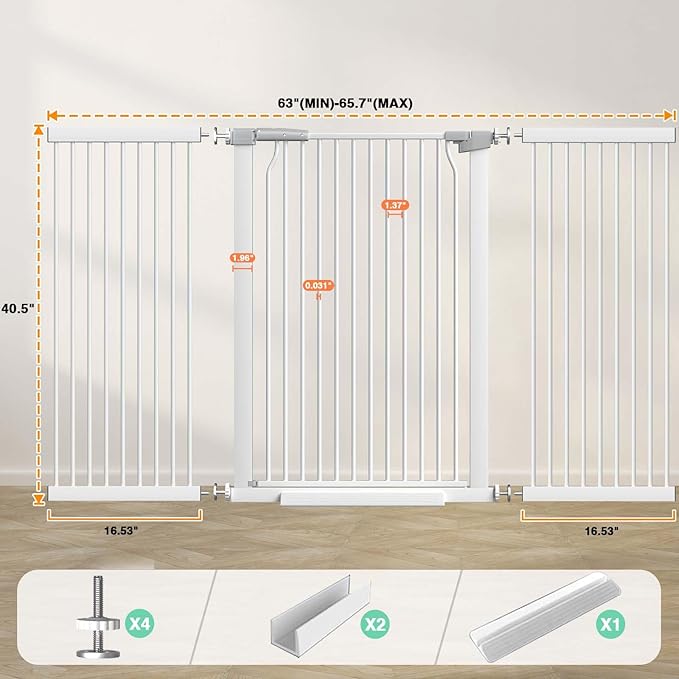 40.5" Extra Tall Baby Gate No Drill, 63"-65.7" Extra Wide Dog Pet Gate Indoor, Long Safety Child Gate, Metal Tension Auto Close No Climb Fence Pet Gate for Stairs Doorway, White-CubbioJoy