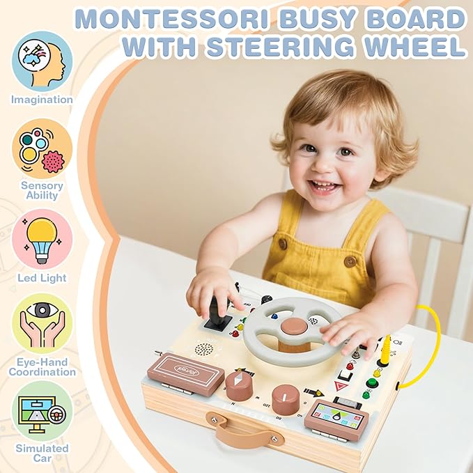 Joyreal Montessori Toddler Busy Board - Montessori Toys for 1 2 3 Years Old, Wooden Sensory Board with LED Lights, Steering Wheel, Music Player, Travel Toys for 1+ Year Old Boy & Girl Birthday Gift-CubbioJoy