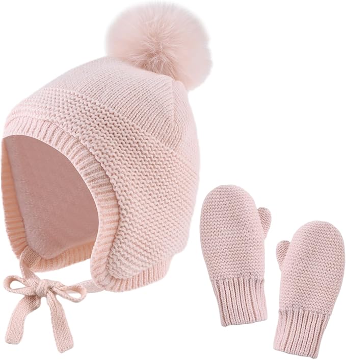 Basic Winter Baby Beanie Gloves Boys Girls Knitted Hat Pompom Kids Earflap Hats Warm Infant Toddler Beanie Mittens Set-CubbioJoy