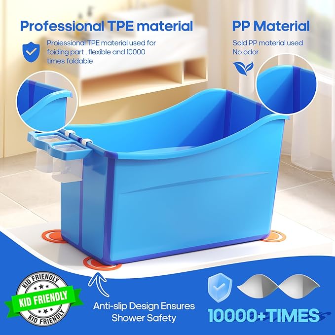 Collapsible Baby Bathtub Foldable Bathtub for Toddler Portable Large Foldable Bath Tub Bathtub for Kids Petite with Thermometer and Storage Basket (Blue)-CubbioJoy