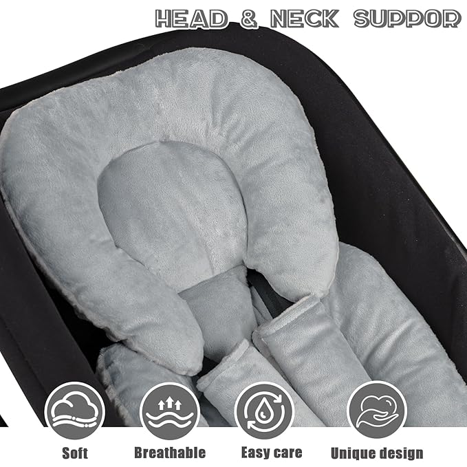 Infant Car Seat Insert Head and Body Support, GFU Reversible Newborn Insert for Carseat with Strap Pads, Soft Stroller Cushion Pillow Insert for Boys and Girls, Fits for Stroller, Swing, Grey-CubbioJoy