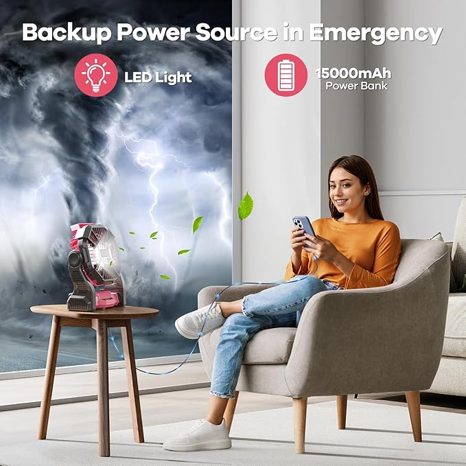 15000mAh Portable Battery Powered Camping Fan - with LED Light, Quiet Battery Operated, Camping Gear for Travel, Tent, Beach, Car or Hurricane Power Outages, Pink-CubbioJoy
