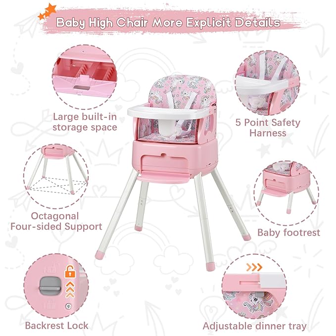 4 in 1 Portable Baby High Chair,Convertible Highchair for Babies & Toddlers-Foldable Infant Booster Seat,Carry Small Box,Dining Chair,Toddler High Chair with 5-Point Harness,Removable Tray-Pink-CubbioJoy