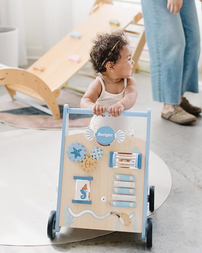 Beright Wooden Baby Walker Push and Pull Learning Activity Walker with Wheels Montessori Walker Toy Multiple Activities Center Develops Motor Skills & Stimulates Creativity (Blue)-CubbioJoy