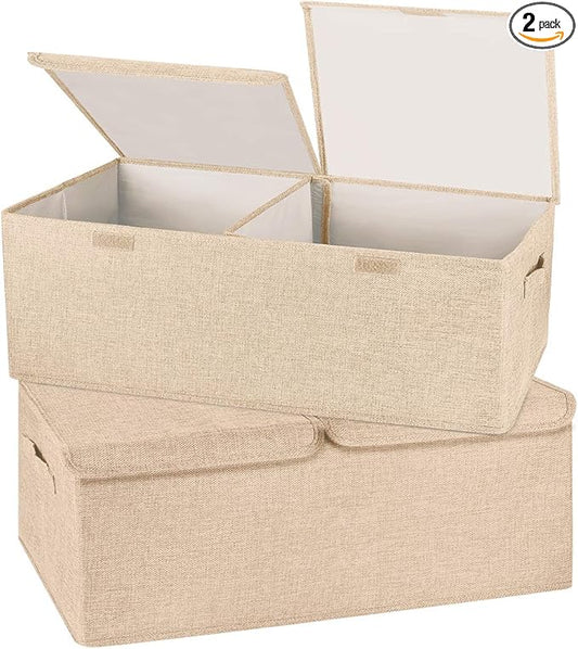 2 Pack Storage Boxes with Lids and Handles, Collapsible Linen Storage Bins Organizer Containers Baskets Cube with Removable Divider for Home Bedroom Closet Office (Khaki, Small)-CubbioJoy
