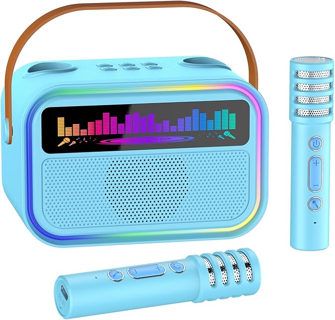 Karaoke Machine for Kids Adults, Birthday Gifts Toys for Girls Boys Age 3-12+,Mini Portable Bluetooth Singing Speaker with 2 Wireless Microphones & LED Lights (Blue)-CubbioJoy