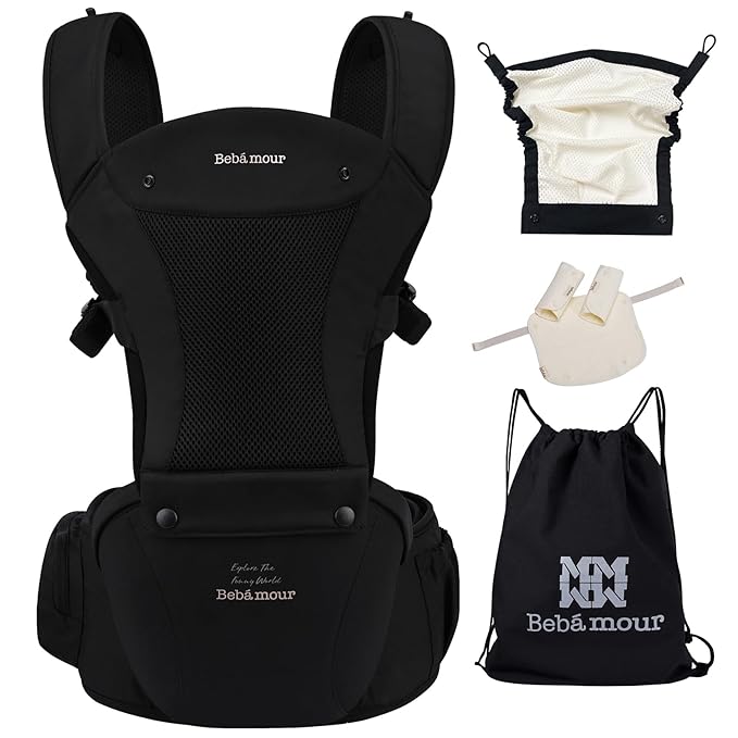 Bebamour Baby Carrier with Hip Seat,All-Position Breathable Mesh Hip Seat & Carrier 0-36Months with Head Hood, 3 PCS Teething Pads, Waist Extender,Storage Bag & Pacifier Case(Black)-CubbioJoy
