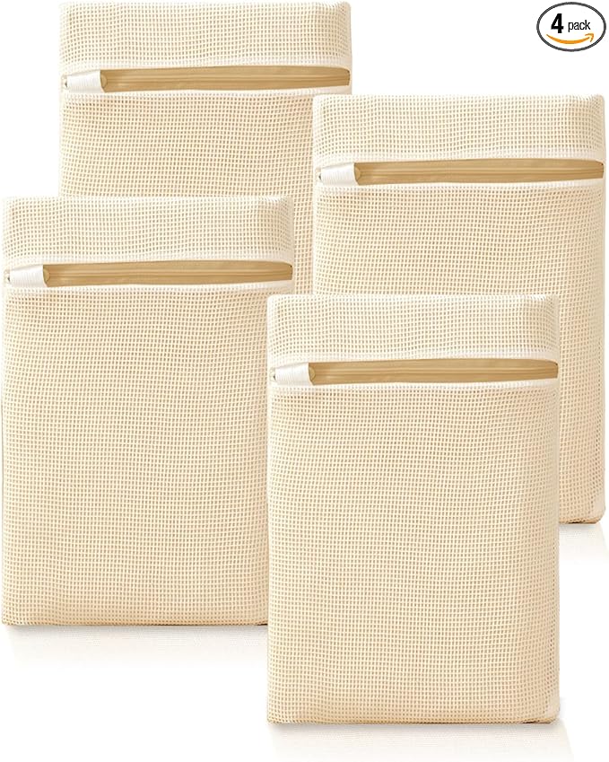 4Pcs Cotton Mesh Laundry Bags for Delicates,Breathable Mesh Garment Bag for Washing Machine,Travel Wash Bags with Zipper for Bras,Underwear,Socks,Baby Clothes,Laundry Dorm Room Essentials(S)-CubbioJoy