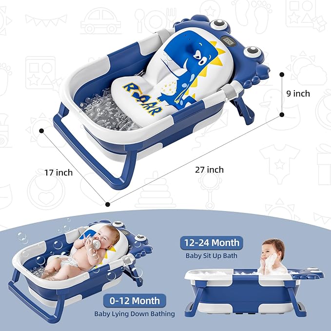 Collapsible Baby Bathtub for Newborns to Toddler with Real-time Temp Monitor & Floating Cushion,Portable Travel Tub for 0-36 Month, Foldable Baby Bath Tub for Infants Boy (Blue)-CubbioJoy