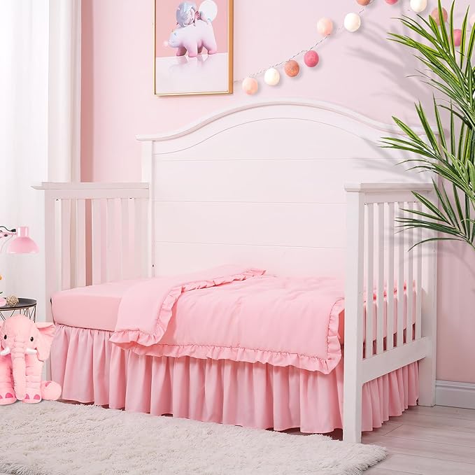 Cloele 3 Pieces Crib Bedding Set for Girls- Solid Ruffle Quilted Includes Comforter Fitted Sheet Crib Skirt,Cute Ruffled Nursery Baby Crib Standard Size Baby Bedding Set Pink-CubbioJoy