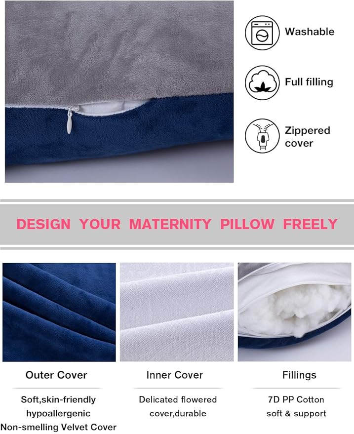 60in Full Body Pillow | Nursing, Maternity and Pregnancy Body Pillow | Awesling Extra Large U Shape Pillow and Lounger with Detachable Side, Separate Support Pillow and Removable Cover (Grey Blue)-CubbioJoy
