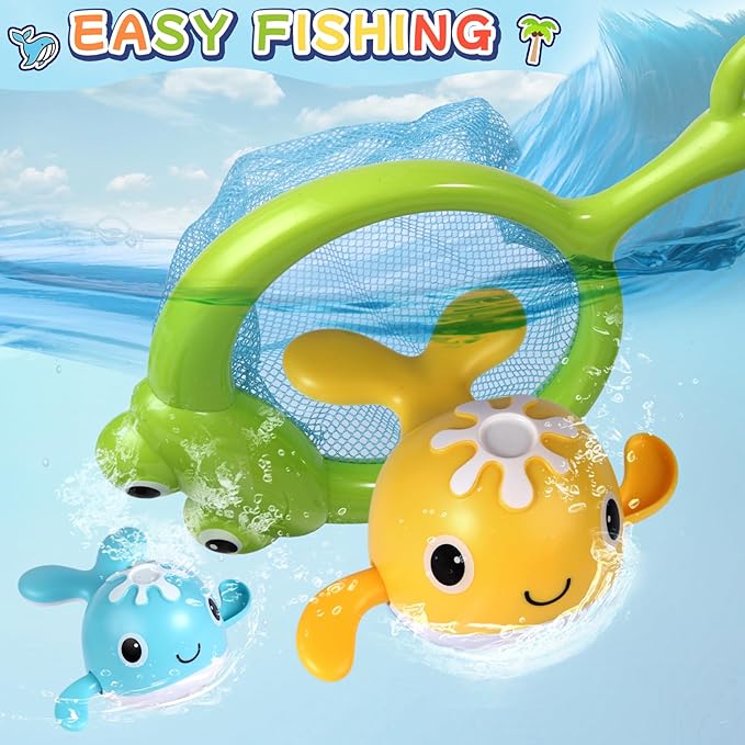 Baby Bath Toys Set, Wind Up Pool Toys for Toddlers 1-3, Kids Magnetic Fishing Toys with 1 Fishing Rod & 1 Net & 4 Brightly Colored Whales, Boys and Girls Birthday Gifts-CubbioJoy