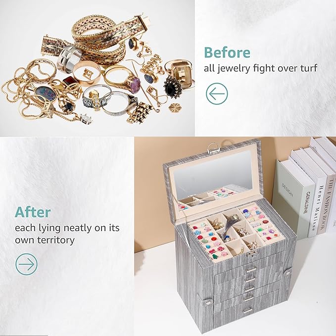 BOOVO Jewelry Box For women, 6 Layer Large Jewelry Organizer With Mirror, Accessory Holder With 5 Drawers, For Earrings Necklace Ring Bracelet (woodgrain grey)-CubbioJoy