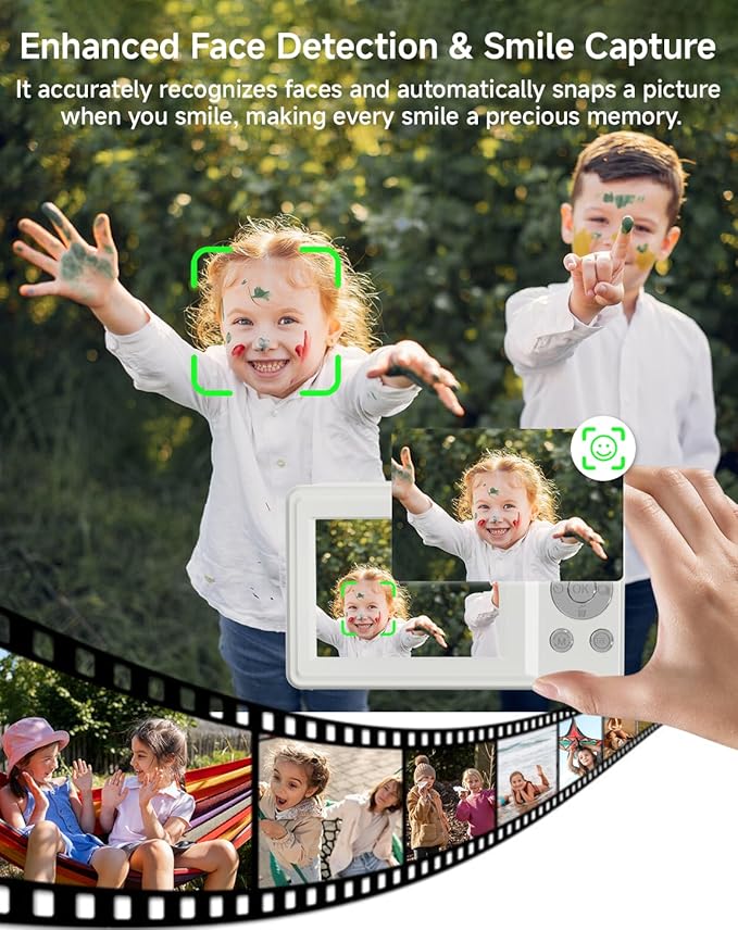 Digital Camera for Kids, FHD 1080P 44MP Point and Shoot Digital Camera with Face Detect, Smile Capture, 18X Zoom, 20 Filters, Anti Shake, 32GB SD Card White Compact Vintage Camera for Kids Boys Girls-CubbioJoy