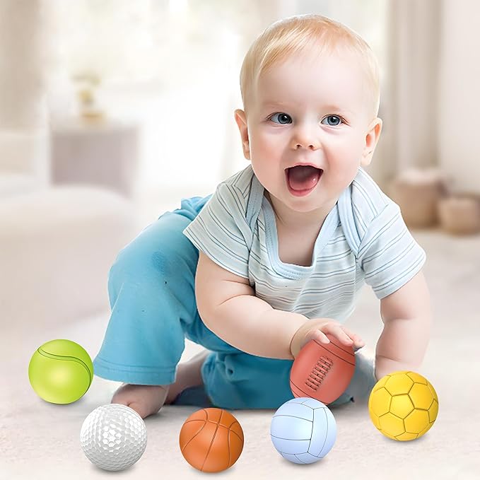 Baby Sensory Balls, Soft Rubber Balls for Toddlers 1-3, Montessori Sensory Bath Toys 6 to 12 Months, Kids Soccer Ball, Sport & Outdoors Baby Ball, 6 Rubber Soft Toys for Kids-CubbioJoy
