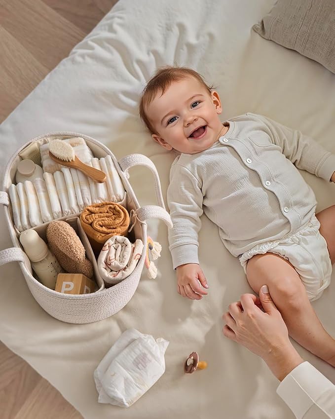Blissful Diary Baby Diaper Caddy Organizer, Cotton Rope Diaper Caddy Basket, Oval Storage Basket, Gift for Baby Shower, Newborn Essentials, Beige-CubbioJoy