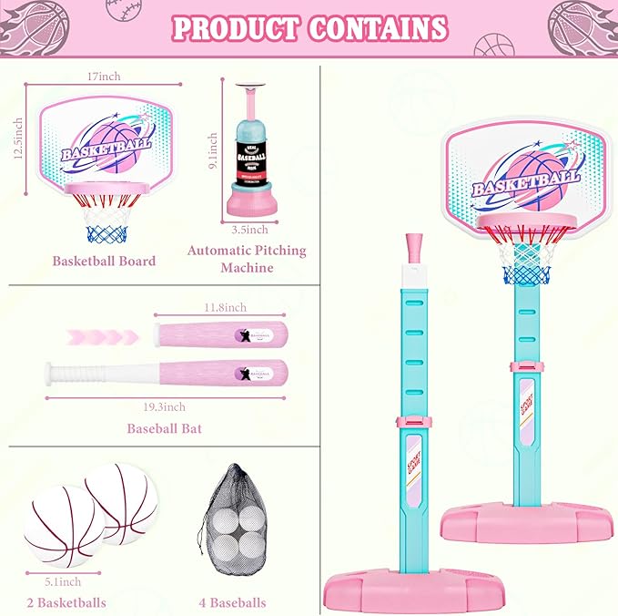 3 in 1 Basketball Hoop and Tee Ball Set for Girls: Baseball Tee with Automatic Pitching Machine Adjustable Height Outdoor and Indoor Sports Toys Christmas Birthday Gift for Kids Age 1-8 Year Old Pink-CubbioJoy