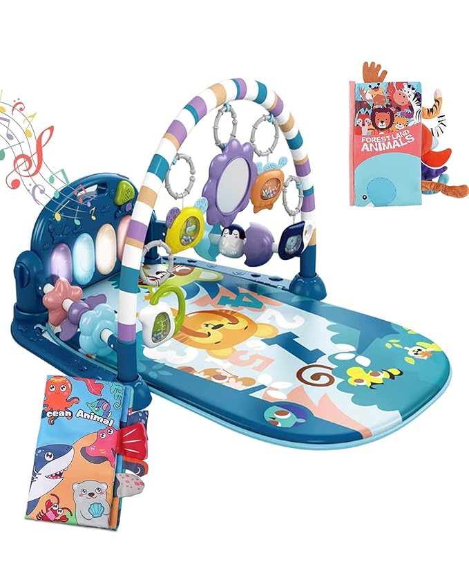 dearlomum Baby Play Mat Gym,Funny Play Piano Tummy Time Activity Mat with 5 Infant Sensory Toys & 2 Baby Book Toys, Boy & Girl Gifts for Newborn 0 to 3 6 9 12 Months(Blue)-CubbioJoy