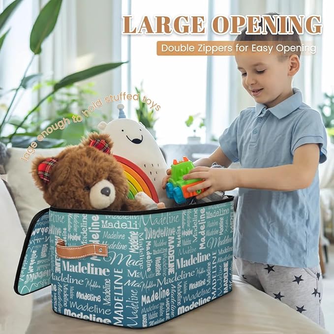 Custom Storage Basket with Name, Personalized Storage Bins with Zipper Lid, Foldable Fabric Storage Box Large capacity with Handle Grey Blue Green-CubbioJoy