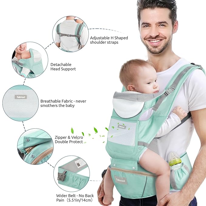 Baby Carrier with Hip Seat, Ergonomic M Position 6in1 Baby Carrier Newborn to Toddler,Head Support and Breathable Mesh Newborn Carrier,Adjustable Baby Holder Carrier for Dad&Mom-Green-CubbioJoy
