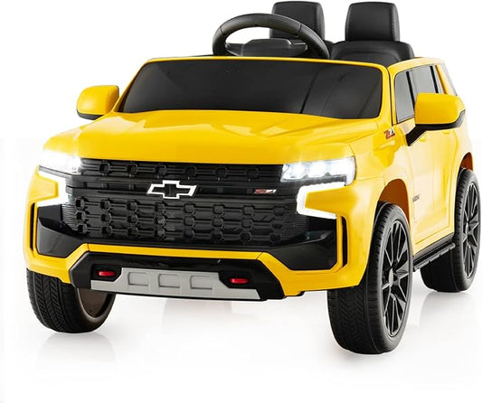 Costzon Ride on Car, 12V Licensed Chevrolet Tahoe Battery Powered Electric Vehicle w/ 2.4G Remote Control, High/Low Speed, Music, Lights, MP3/USB/FM, Spring Suspension, Electric SUV for Kids (Yellow)-CubbioJoy