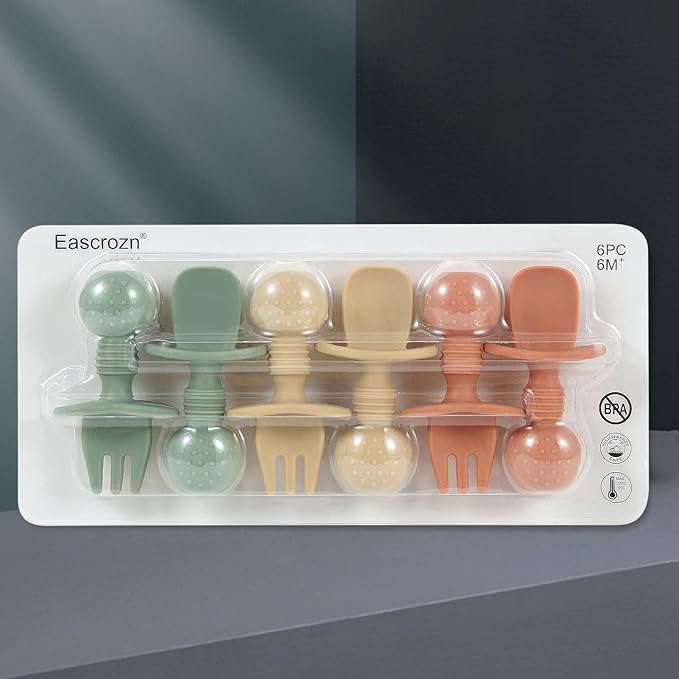 6 Pack Baby Spoons and Forks Set, Silicone First Stage Self Feeding Infant Toddler Utensils, BPA Free, Baby Led Weaning Feeding Supplies for Baby Essentials-CubbioJoy