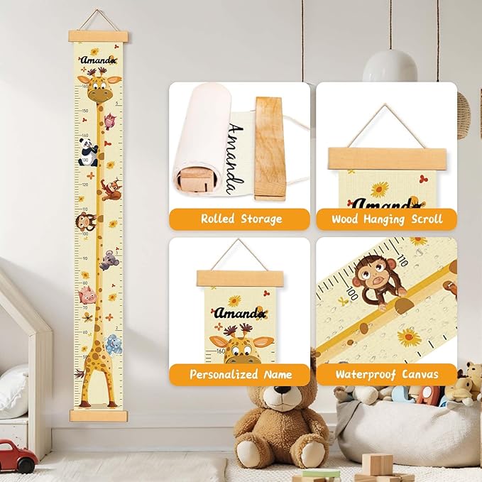 Customize Name Growth Chart Wall, Funny Giraffe Premium Canvas Removable Height Chart for Kids, Height Measurement for Wall, Unisex Kids Room Wall Decor, Measuring Height Charts-CubbioJoy