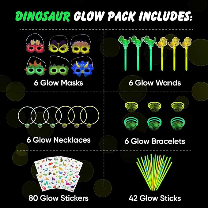 Dinosaur Party Favors Pack – Glow in the Dark Party Supplies | 6 Dinosaur Masks, 6 Bracelets, 6 Necklaces, 6 Wands, 42 Dino Glow Sticks & 80 Stickers | Birthday Classroom Halloween Trick or Treat-CubbioJoy