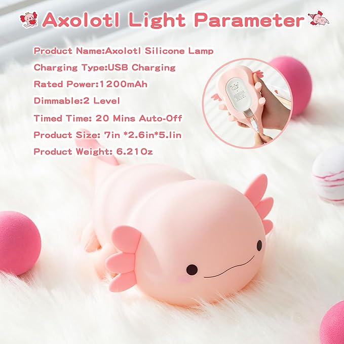 Axolotl Lamp,Cute Axolotl Night Light,Dimmable Silicone Animal Nursery Night Light,Adorable Rechargeable Squishy Novelty Bedside Touch Lamp,Baby Room Decor, Axolotl Gifts for Kids/Girls-CubbioJoy