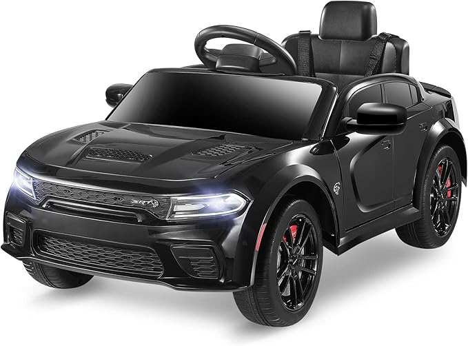 12V 7Ah Kids Electric Ride on Car, Licensed Dodge Charger SRT Hellcat, Battery Powered 4-Wheels Toy Car Electric Vehicle for Kids with Remote Control, 3 Speeds, LED Lights, Music (Black)-CubbioJoy