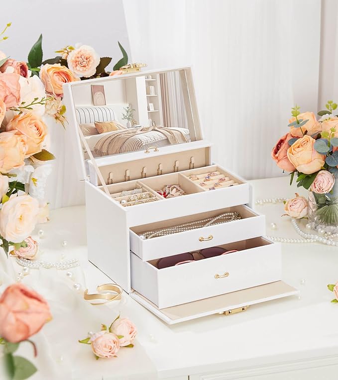 Jewelry Box with Lock for Girls: Jewelry Organizer for Dresser - 3-Drawer Earrings Storage Girls Women Gift (White)-CubbioJoy