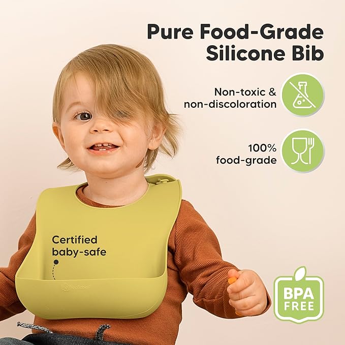 KeaBabies 2-Pack Silicone Baby Bibs for Eating - Sturdy Food-Grade Silicone Bibs for Babies Girl, Boy, Large Food Catcher, Clean & Put On Easily, Waterproof Toddler Feeding Essentials (Olives)-CubbioJoy