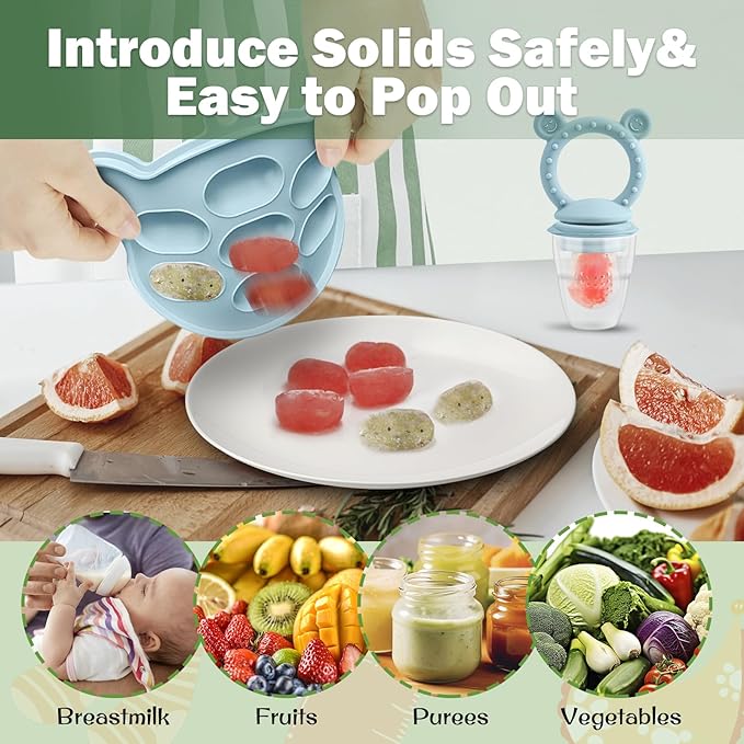 JEXFUN Silicone Baby Fruit Food Feeder Pacifier & Breastmilk Popsicle Freezer Molds for Cooling Relief, BPA Free Silicone Feeder to Safely Introduce New Foods, Double as Teething Toys, 4 Month+-CubbioJoy