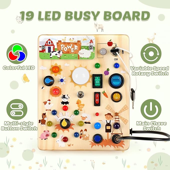 Joyreal Wooden Busy Board with LED Light, Montessori Toddler Toys, Wooden Sensory Board, Toddlers Activity Travel Toys for Boy & Girl Birthday Gift (Farm Theme)-CubbioJoy
