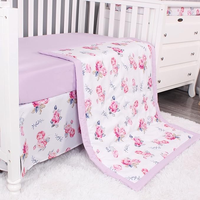 Belsden Floral 3 Piece Crib Bedding Set for Baby Boys Girls, Classic Nursery Bedding Essential Including Comforter, Crib Sheet and Crib Skirt, Ultra Soft Cozy, Floral Purple-CubbioJoy