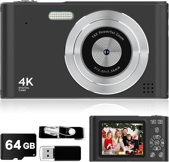 Digital Kids Camera 1080P Vlog Camera with 64GB, Lanyard, 16X Zoom Anti Shake, Card Reader 44MP Compact Portable Point Shoot Digicam for Kid Teen Girl Boy Christmas Halloween Thanksgiving(Black)-CubbioJoy