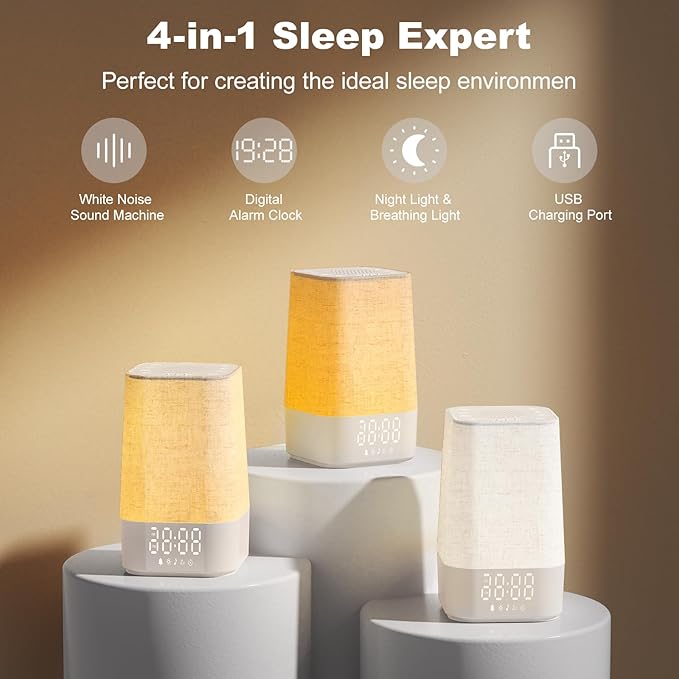 4-in-1 Sunrise Alarm Clock White Noise Sound Machine for Heavy Sleepers, Adults & Kids – Gentle Wake Up Light Alarm Clock with 30 Soothing Sounds, Dimmable Amber Breathing Night Light for Bedrooms-CubbioJoy
