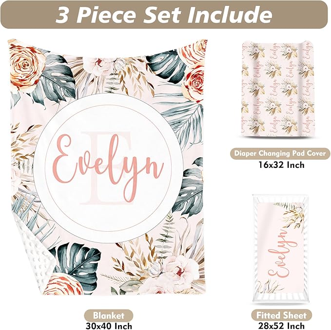 Custom Name Crib Bedding Set - Bohemian Flowers Design, Personalized Baby Nursery Bedding 3-Piece Set– Soft Blanket, Fitted Sheet, Changing Pad Cover – for Newborns Girls Nursery Gifts-CubbioJoy