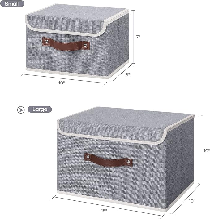 ANMINY 2PCS Storage Bins with Lid PU Leather Handles Storage Boxes PP Plastic Board Decorative Foldable Lidded Cotton Linen Fabric Home Cubes Baskets Closet Organizer Containers - Gray, Large Size-CubbioJoy