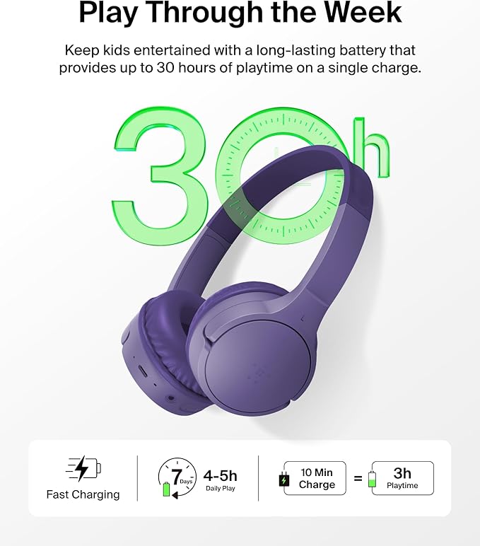 Belkin SoundForm Mini - Wireless Bluetooth Kids Headphones, 30H Battery, 85dB Safe Volume Limit, Built-in Microphone - Toddler On-Ear Earphones for iPhone, iPad, Fire Tablet, Ideal for School - Purple-CubbioJoy
