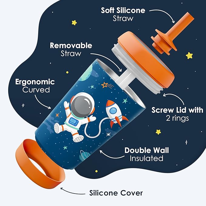 Kid Insulated Stainless Steel Tumbler with Silicone Straw, 12oz Sippy Cup for Kids (Astronaut)-CubbioJoy