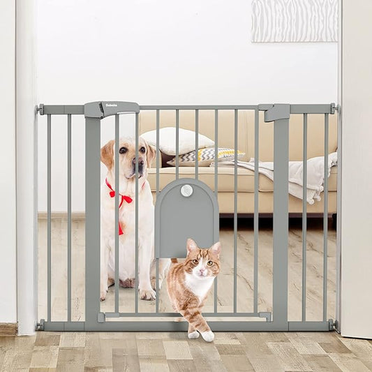 Babelio Auto Close Baby Gate with Small Cat Door, 29-43" Metal Cat Gate for Doorway, Stairs, House, Easy Walk Thru Dog Gate with pet Door, Includes 4 Wall Cups and 3 Extension Pieces, Gray-CubbioJoy
